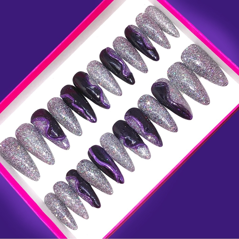 *SOLD* Handmade Press On Nails Long Almond Shape Full Set UV Gel Purple & Holo … - Picture 8 of 13